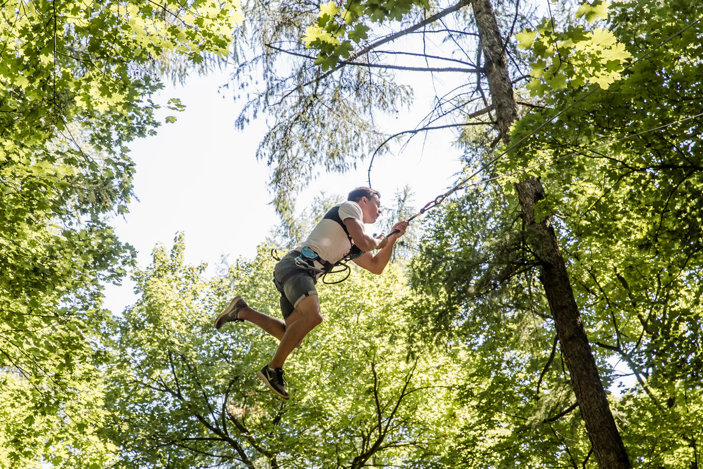 Person swinging on the Big Swing vine against the bright sky